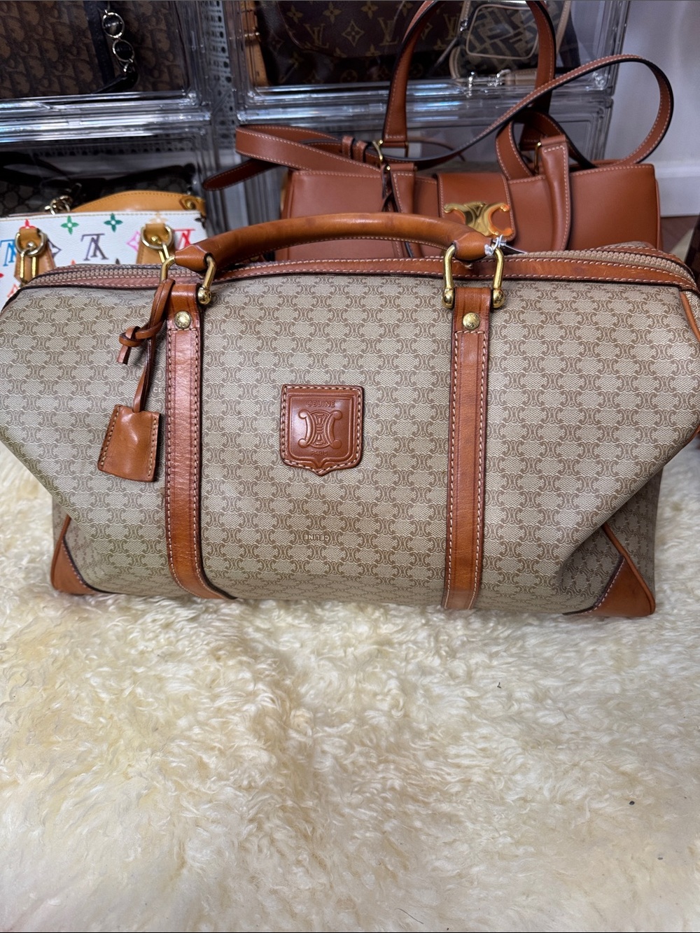 Celine Tan & Beige Monogram Canvas Duffel Bag